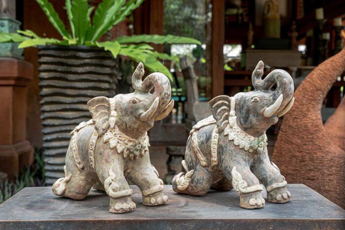 Thai Ceramic Kneeling Elephant Sculpture