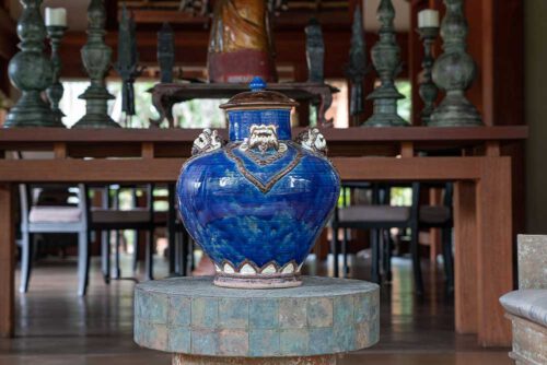 Large blue ceramic jar