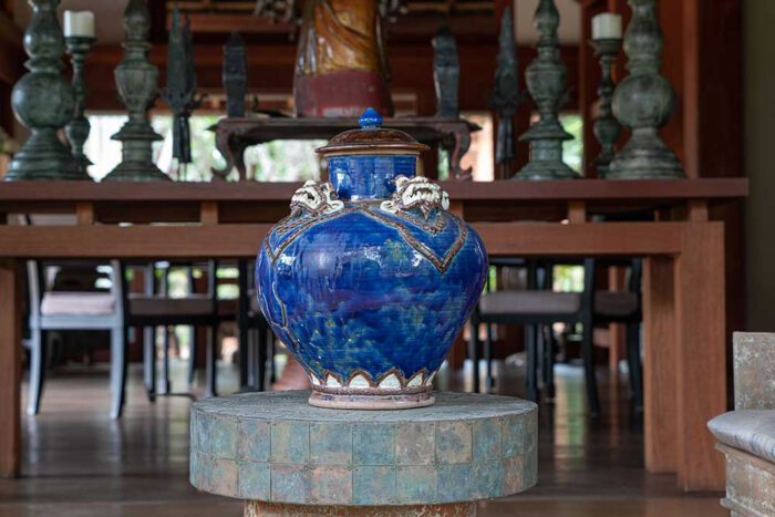 Large blue ceramic jar